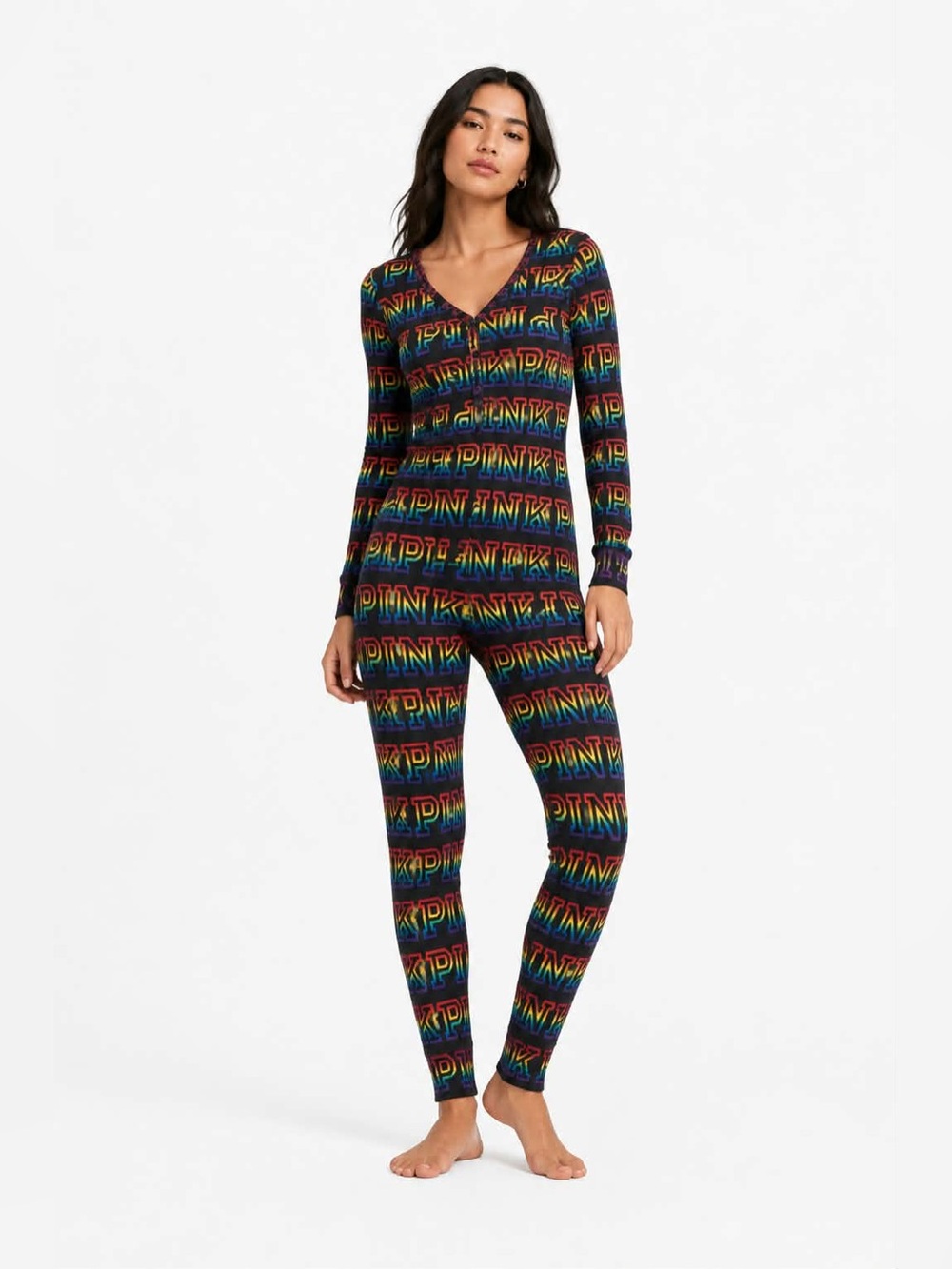 PINK Victoria’s Secret Rainbow Logo Waffle Onesie Pajamas – Size Small GUC